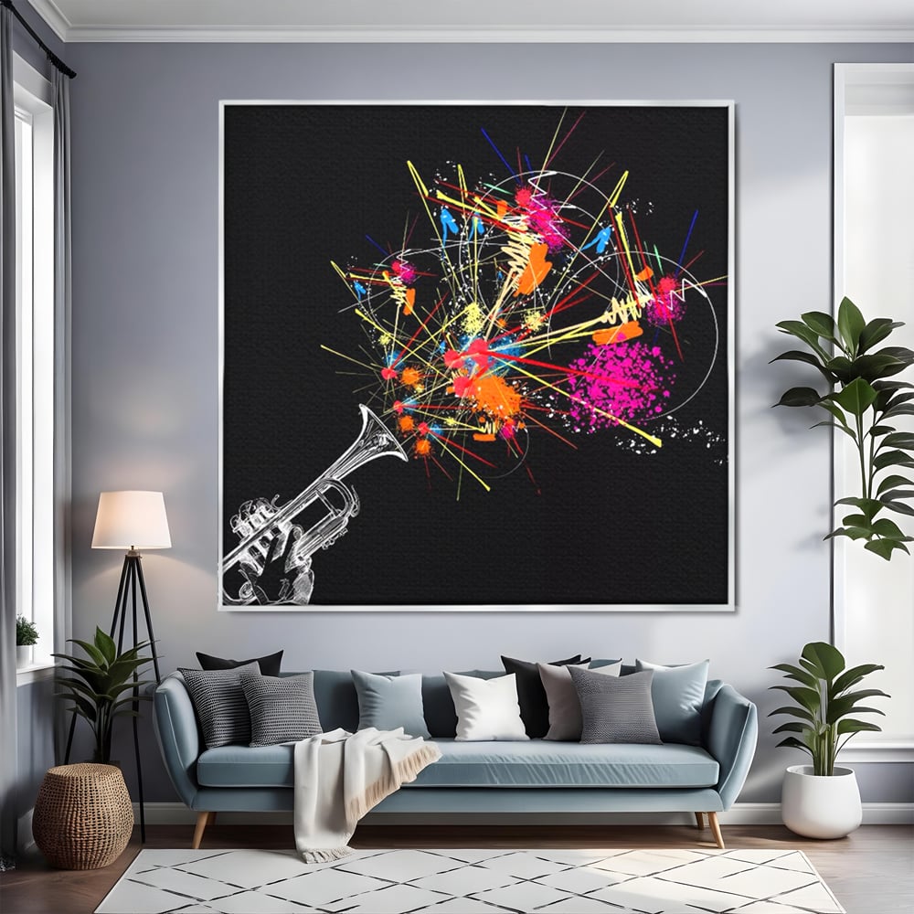 Tablou canvas cu ilustratie digitala cu trompeta si explozie de culori, in rama de aluminiu argintiu, pe perete intr-un living